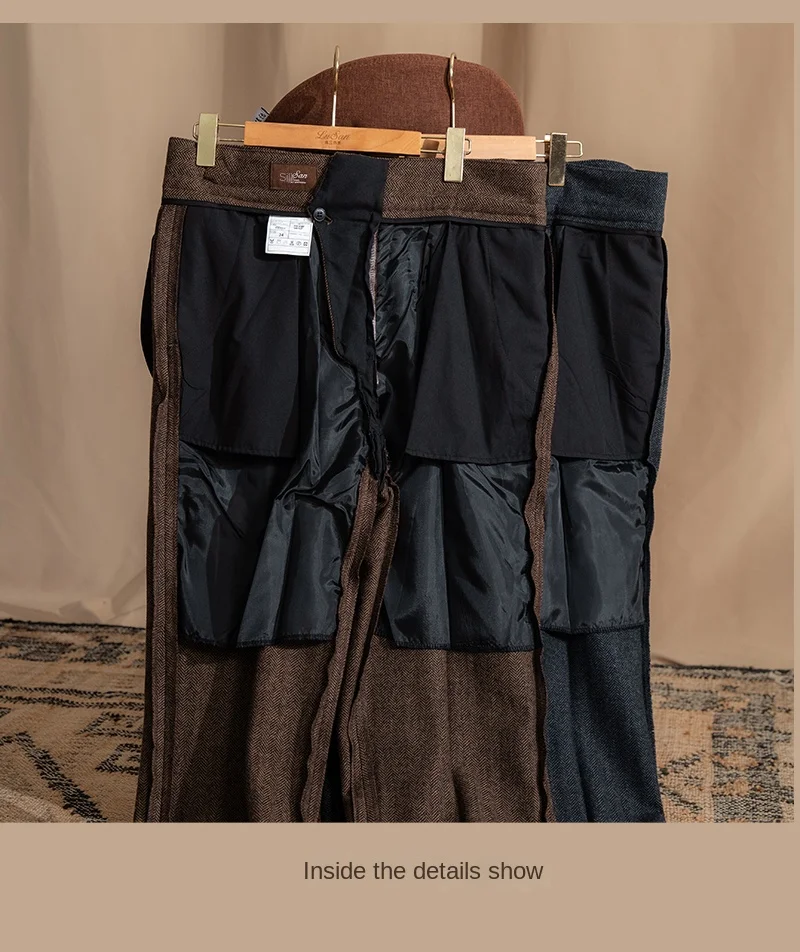Vintage Wool Herringbone Pattern Silger Casual Pants British Bloodbath Gangsta Warm High Waist Straight Pants