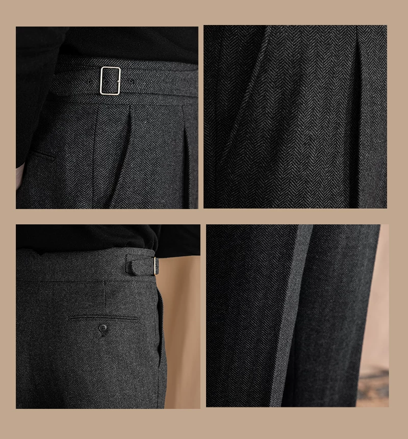 Vintage Wool Herringbone Pattern Silger Casual Pants British Bloodbath Gangsta Warm High Waist Straight Pants