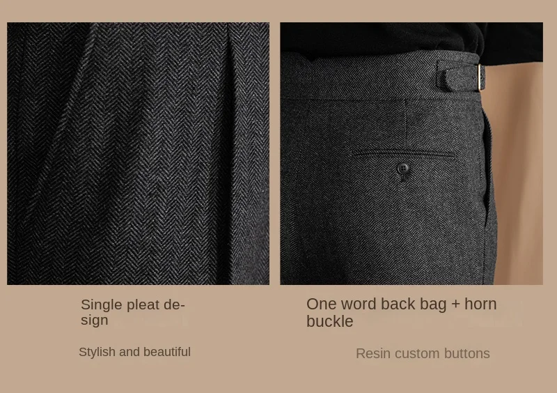 Vintage Wool Herringbone Pattern Silger Casual Pants British Bloodbath Gangsta Warm High Waist Straight Pants