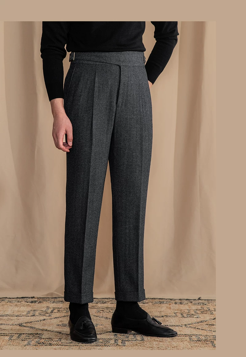 Vintage Wool Herringbone Pattern Silger Casual Pants British Bloodbath Gangsta Warm High Waist Straight Pants