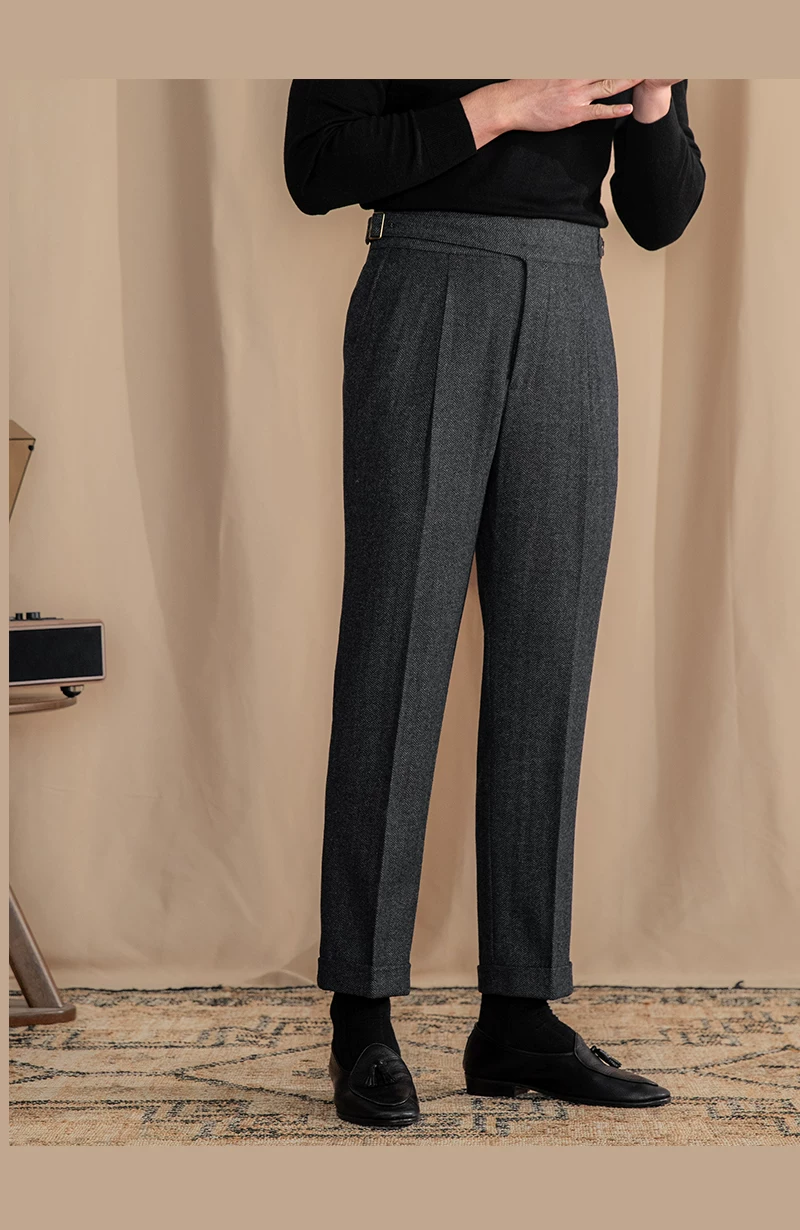 Vintage Wool Herringbone Pattern Silger Casual Pants British Bloodbath Gangsta Warm High Waist Straight Pants