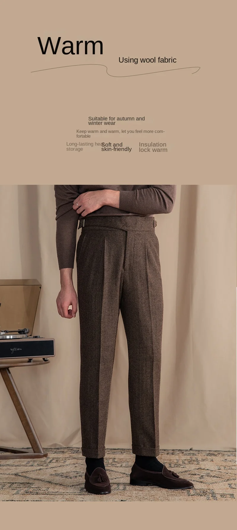 Vintage Wool Herringbone Pattern Silger Casual Pants British Bloodbath Gangsta Warm High Waist Straight Pants