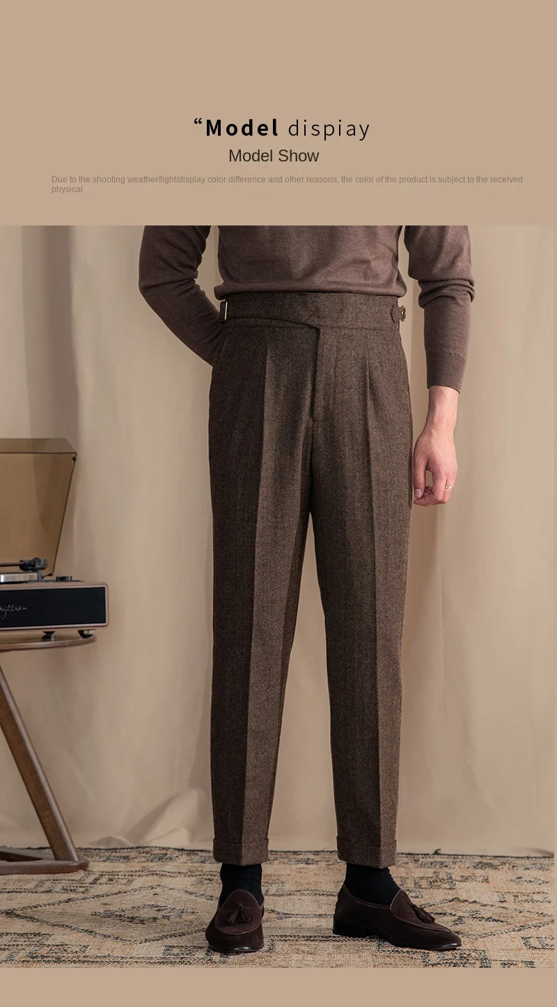 Vintage Wool Herringbone Pattern Silger Casual Pants British Bloodbath Gangsta Warm High Waist Straight Pants