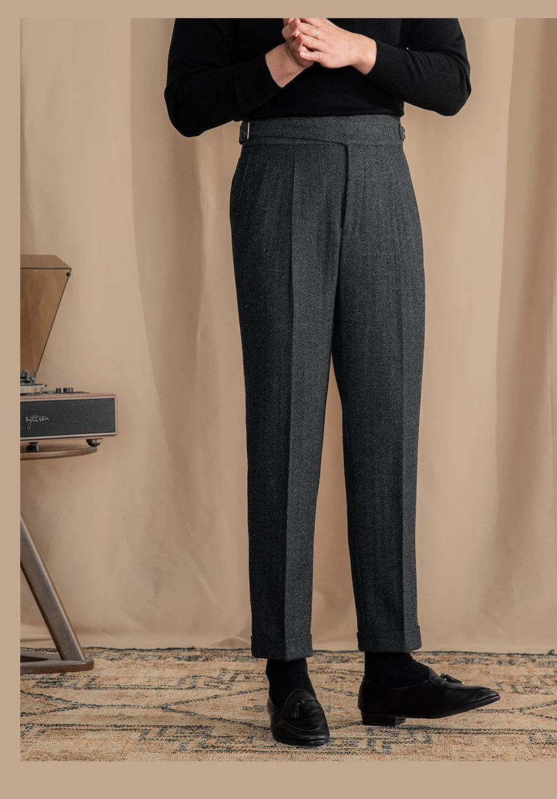 Vintage Wool Herringbone Pattern Silger Casual Pants British Bloodbath Gangsta Warm High Waist Straight Pants