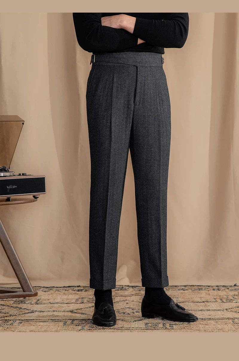 Vintage Wool Herringbone Pattern Silger Casual Pants British Bloodbath Gangsta Warm High Waist Straight Pants