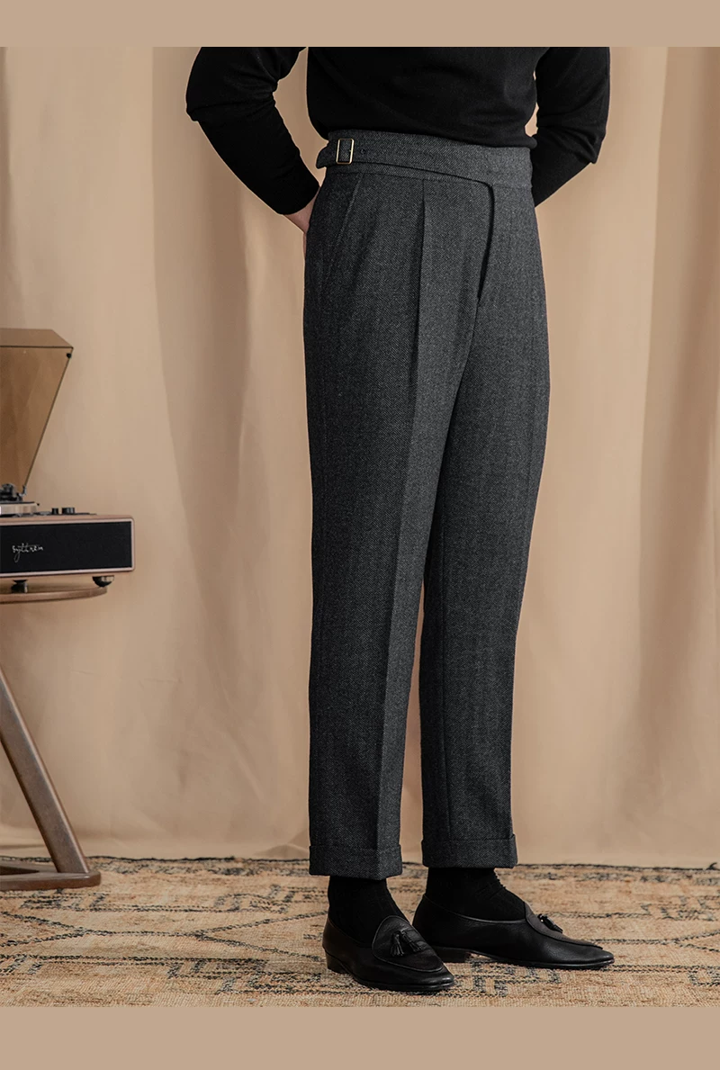 Vintage Wool Herringbone Pattern Silger Casual Pants British Bloodbath Gangsta Warm High Waist Straight Pants