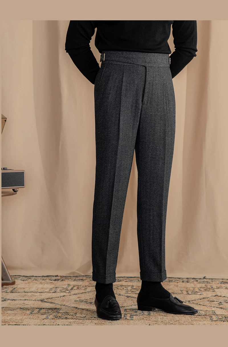 Vintage Wool Herringbone Pattern Silger Casual Pants British Bloodbath Gangsta Warm High Waist Straight Pants
