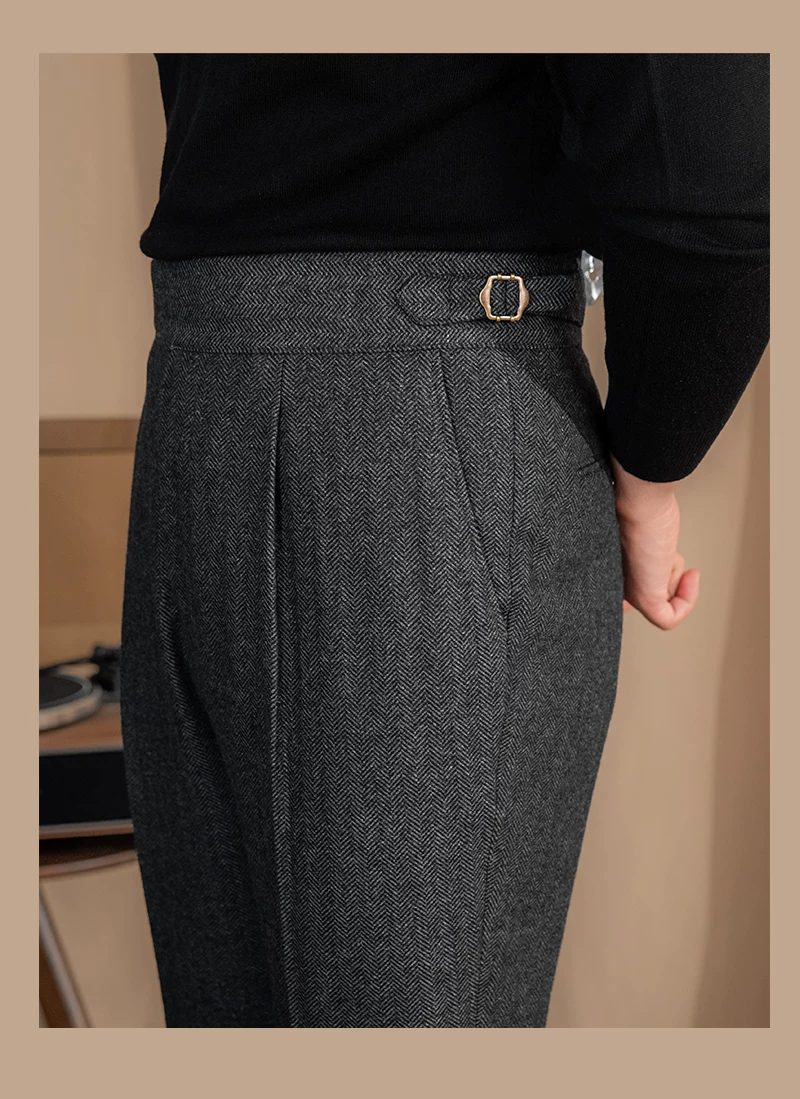 Vintage Wool Herringbone Pattern Silger Casual Pants British Bloodbath Gangsta Warm High Waist Straight Pants