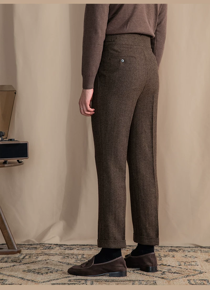Vintage Wool Herringbone Pattern Silger Casual Pants British Bloodbath Gangsta Warm High Waist Straight Pants