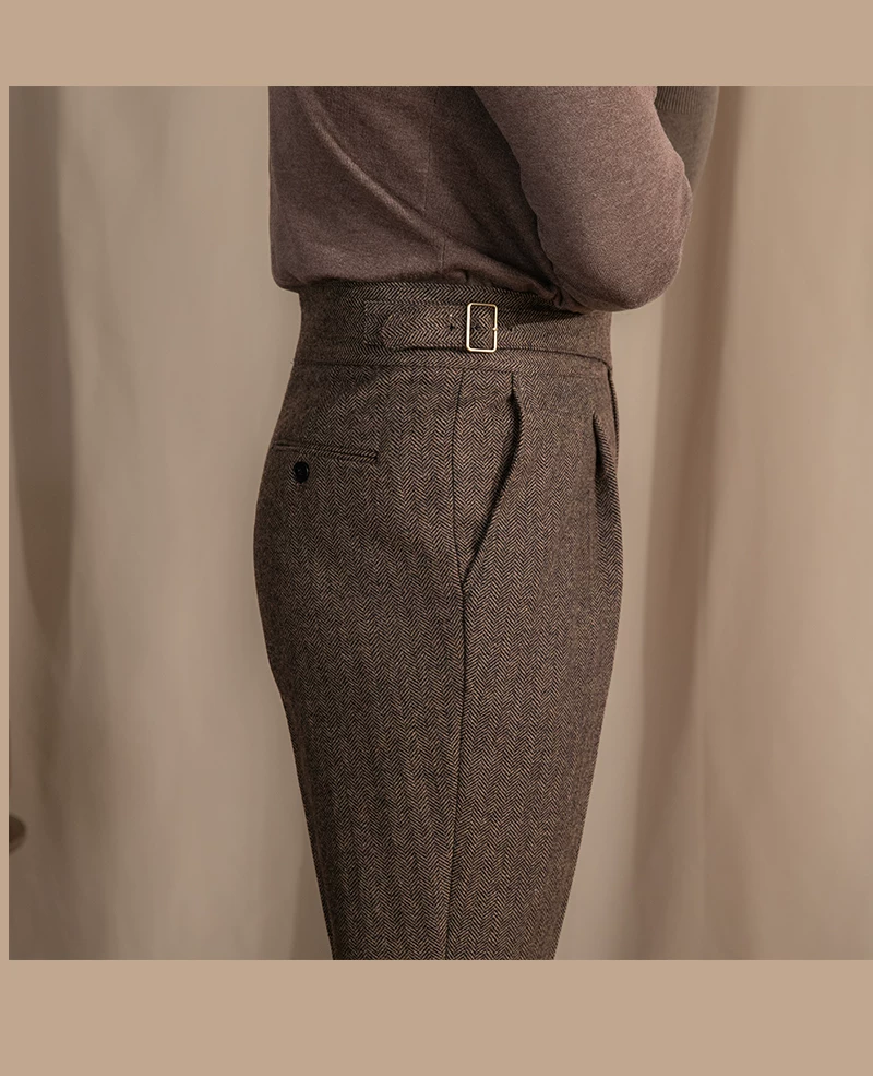 Vintage Wool Herringbone Pattern Silger Casual Pants British Bloodbath Gangsta Warm High Waist Straight Pants