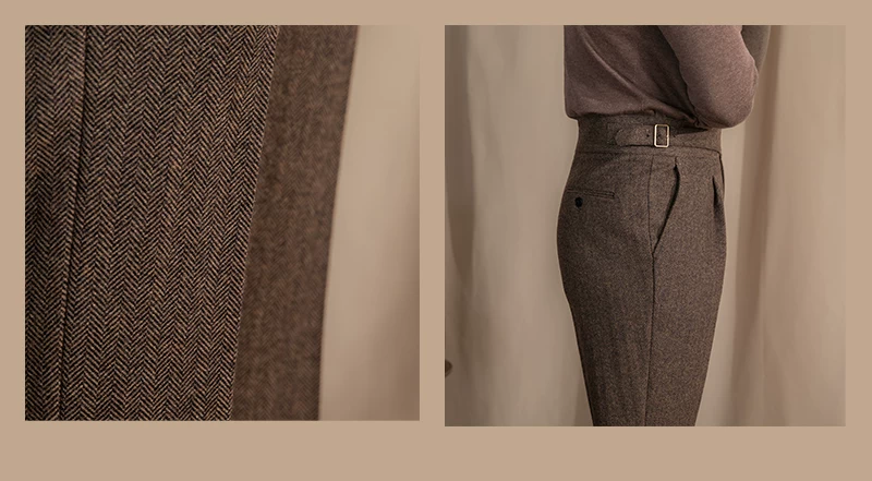 Vintage Wool Herringbone Pattern Silger Casual Pants British Bloodbath Gangsta Warm High Waist Straight Pants
