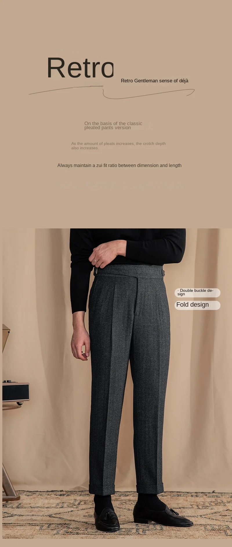 Vintage Wool Herringbone Pattern Silger Casual Pants British Bloodbath Gangsta Warm High Waist Straight Pants