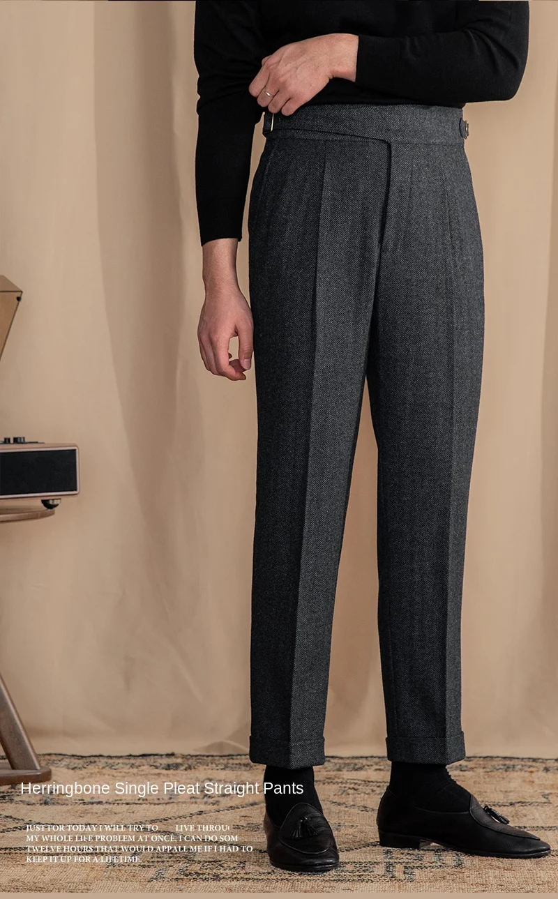 Vintage Wool Herringbone Pattern Silger Casual Pants British Bloodbath Gangsta Warm High Waist Straight Pants