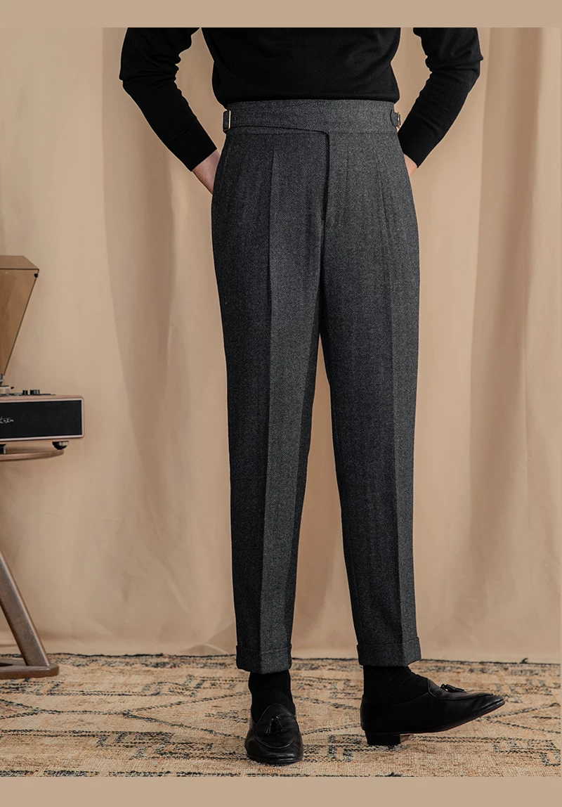 Vintage Wool Herringbone Pattern Silger Casual Pants British Bloodbath Gangsta Warm High Waist Straight Pants
