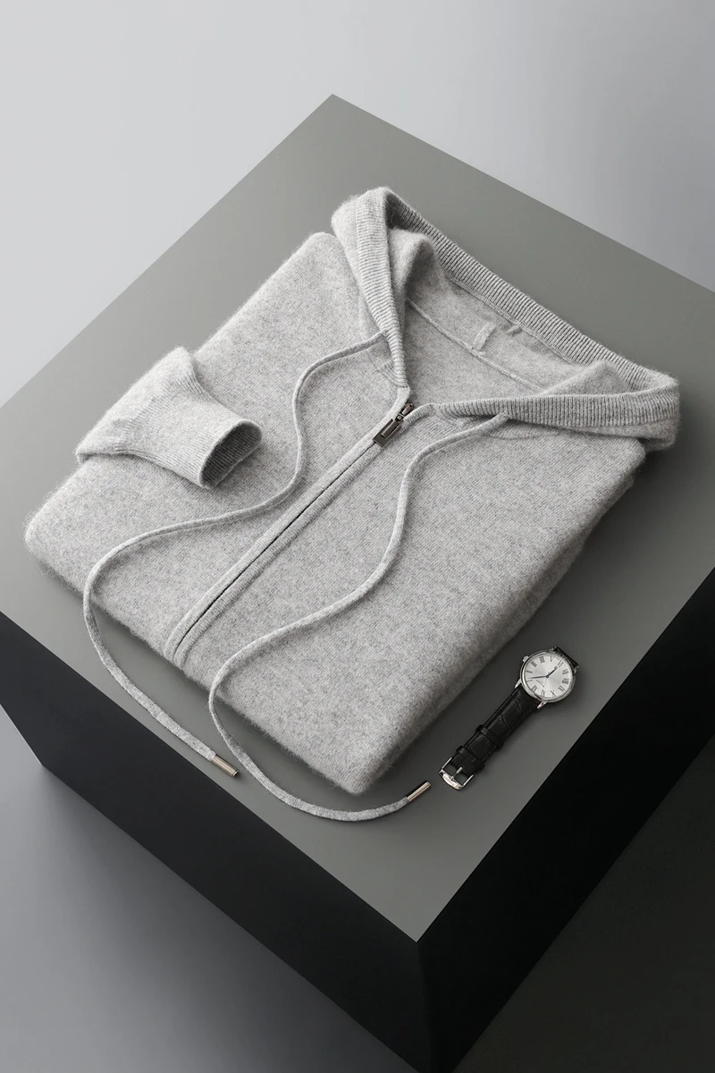 2025 New Men Knitted Plane Hooded Cardigan Cashmere Sweater Zipper Design Pocket Decoration High quality Thick Warmth Hoodie