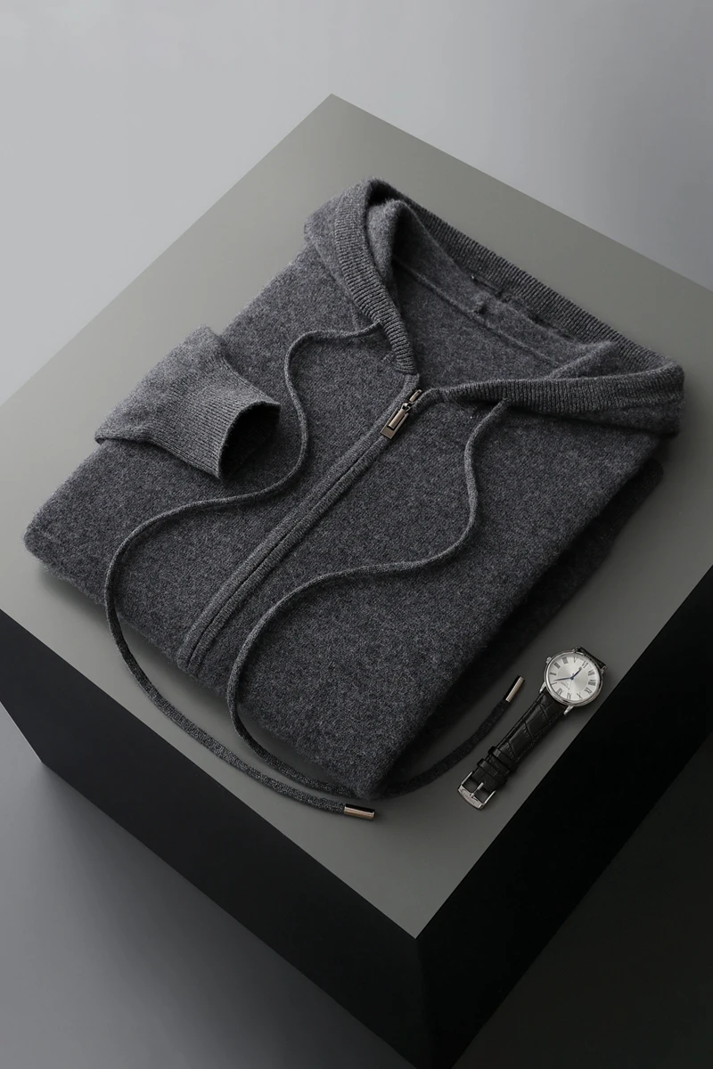 2025 New Men Knitted Plane Hooded Cardigan Cashmere Sweater Zipper Design Pocket Decoration High quality Thick Warmth Hoodie