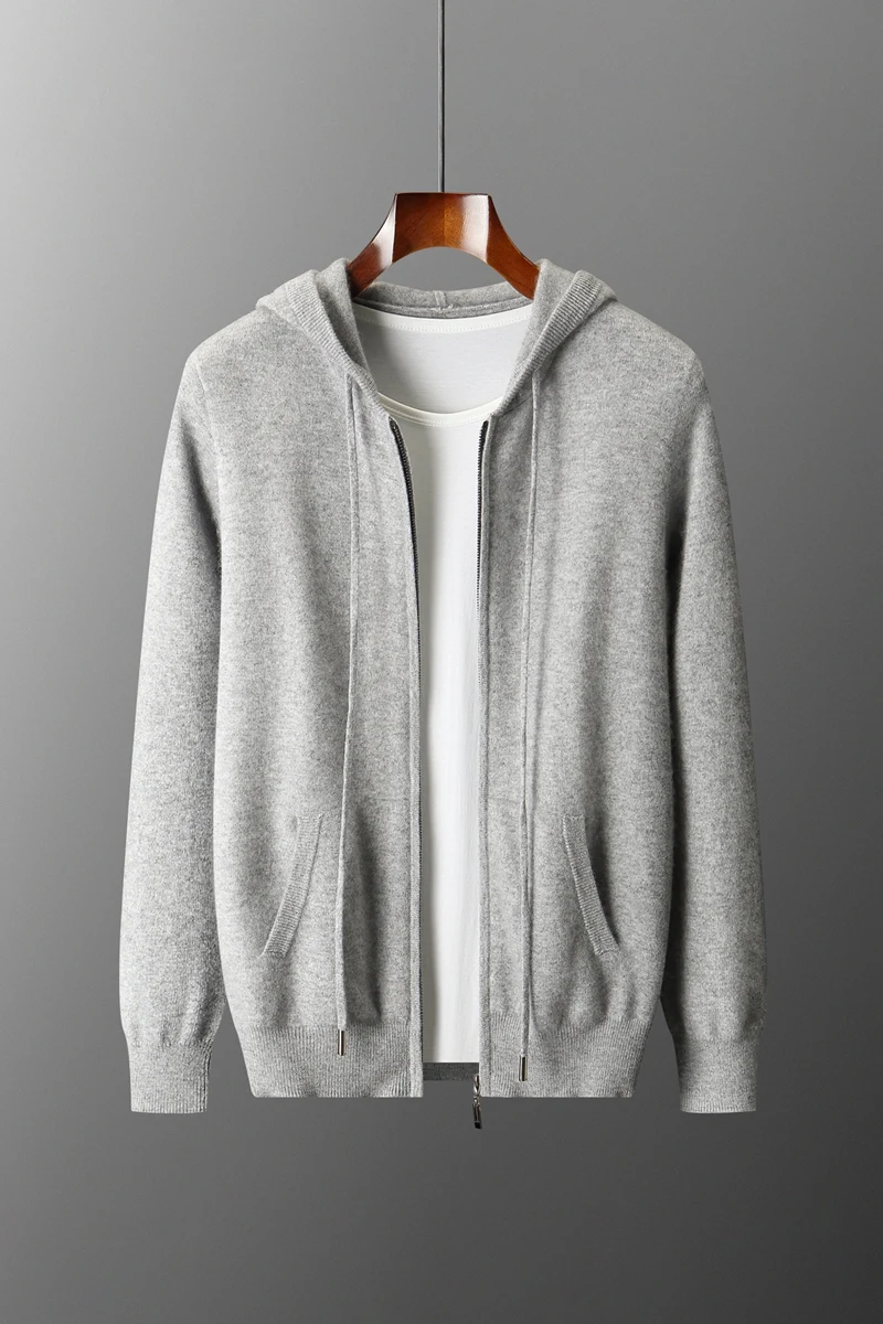 2025 New Men Knitted Plane Hooded Cardigan Cashmere Sweater Zipper Design Pocket Decoration High quality Thick Warmth Hoodie