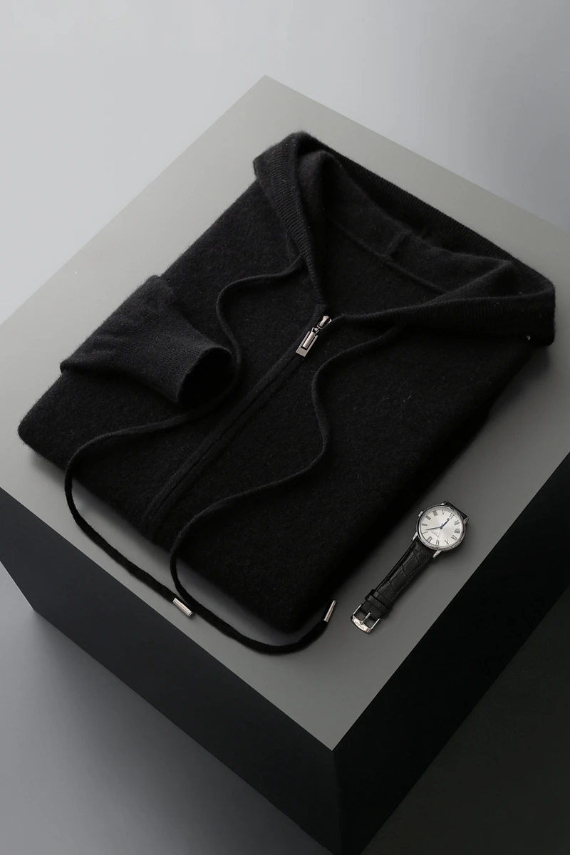 2025 New Men Knitted Plane Hooded Cardigan Cashmere Sweater Zipper Design Pocket Decoration High quality Thick Warmth Hoodie