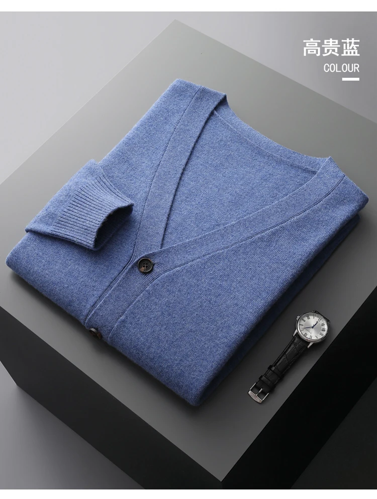 YTFidio 100% Wool Men Sweater V-Neck handsome Sweater Botton Warm Soft Solid Cardigan Knitwear Basic 190