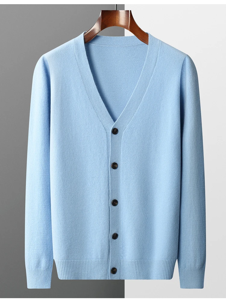YTFidio 100% Wool Men Sweater V-Neck handsome Sweater Botton Warm Soft Solid Cardigan Knitwear Basic 190
