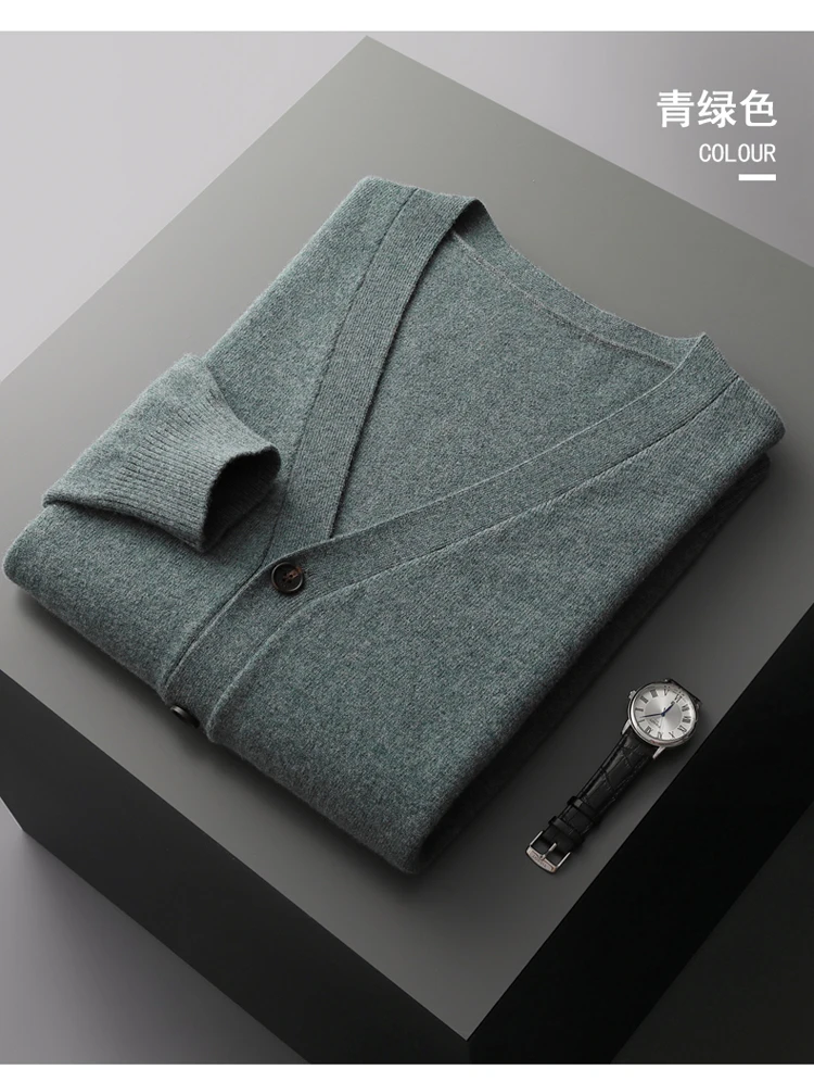 YTFidio 100% Wool Men Sweater V-Neck handsome Sweater Botton Warm Soft Solid Cardigan Knitwear Basic 190