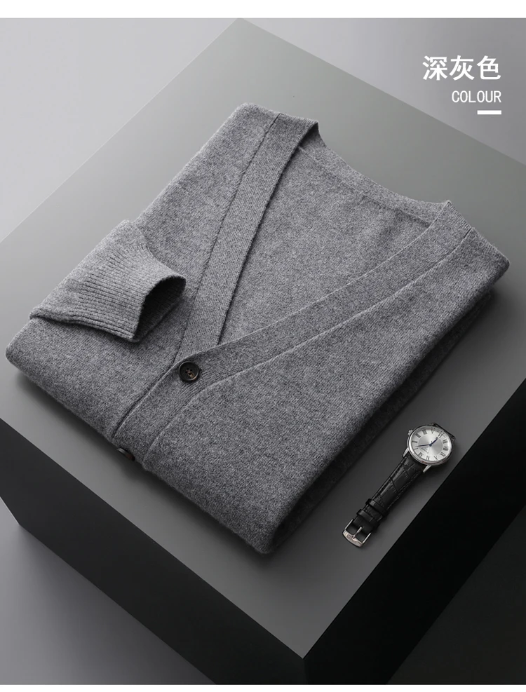 YTFidio 100% Wool Men Sweater V-Neck handsome Sweater Botton Warm Soft Solid Cardigan Knitwear Basic 190