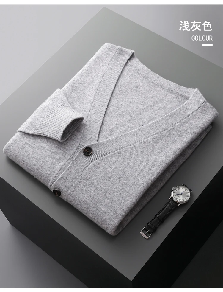 YTFidio 100% Wool Men Sweater V-Neck handsome Sweater Botton Warm Soft Solid Cardigan Knitwear Basic 190