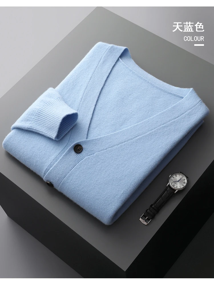 YTFidio 100% Wool Men Sweater V-Neck handsome Sweater Botton Warm Soft Solid Cardigan Knitwear Basic 190