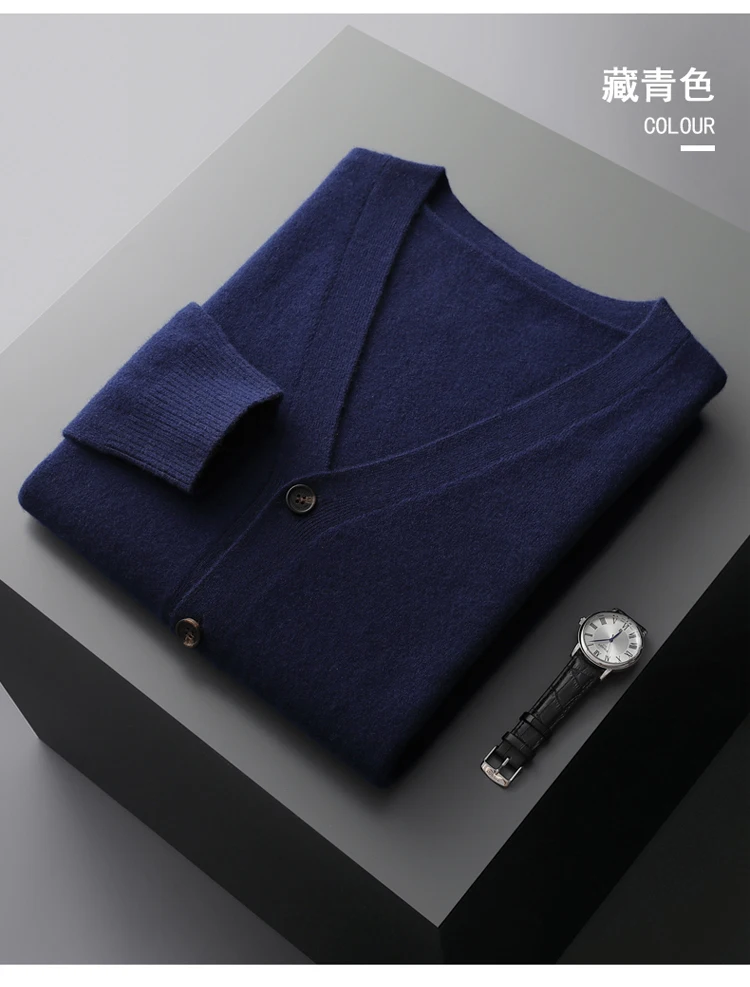 YTFidio 100% Wool Men Sweater V-Neck handsome Sweater Botton Warm Soft Solid Cardigan Knitwear Basic 190