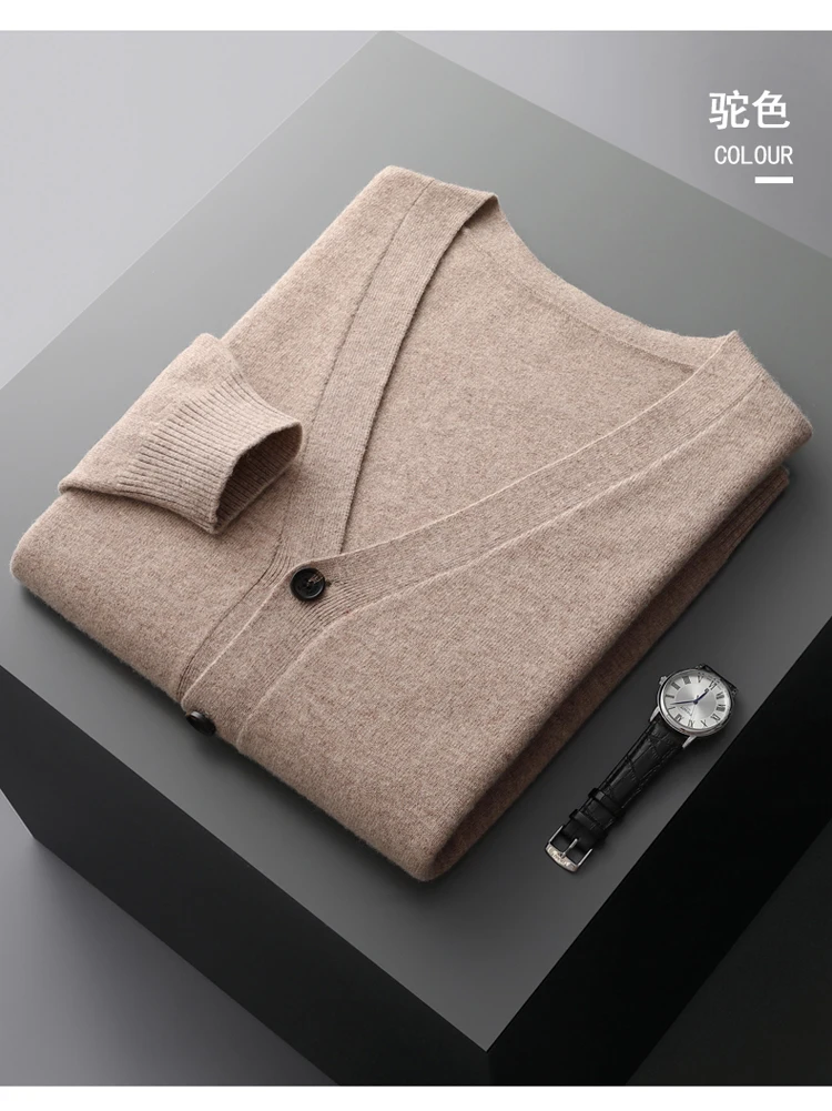 YTFidio 100% Wool Men Sweater V-Neck handsome Sweater Botton Warm Soft Solid Cardigan Knitwear Basic 190