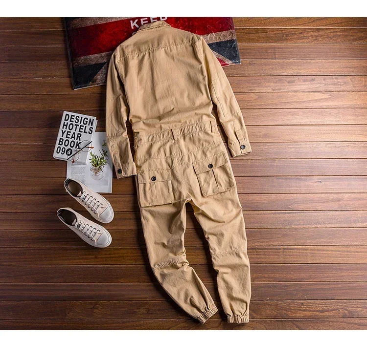 Men's Jumpsuits Long Sleeve Pockets Cargo Joggers Jumpsuits Casual Overalls Coveralls Costume Pants Black Army Green Khaki