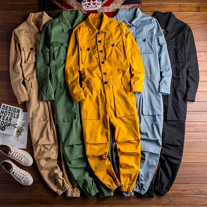Men's Jumpsuits Long Sleeve Pockets Cargo Joggers Jumpsuits Casual Overalls Coveralls Costume Pants Black Army Green Khaki