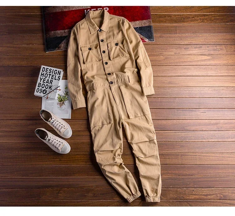 Men's Jumpsuits Long Sleeve Pockets Cargo Joggers Jumpsuits Casual Overalls Coveralls Costume Pants Black Army Green Khaki