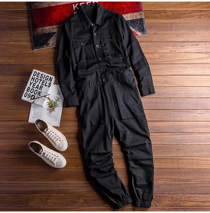 Men's Jumpsuits Long Sleeve Pockets Cargo Joggers Jumpsuits Casual Overalls Coveralls Costume Pants Black Army Green Khaki