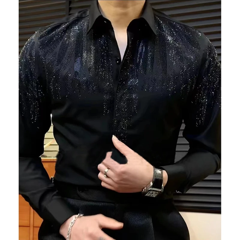 High Quality Long Sleeved Shirt Spring Hot Diamond Shirt For Men Casual Slim Fit Shirt Luxury Social Party Blouse Camisa Hombre