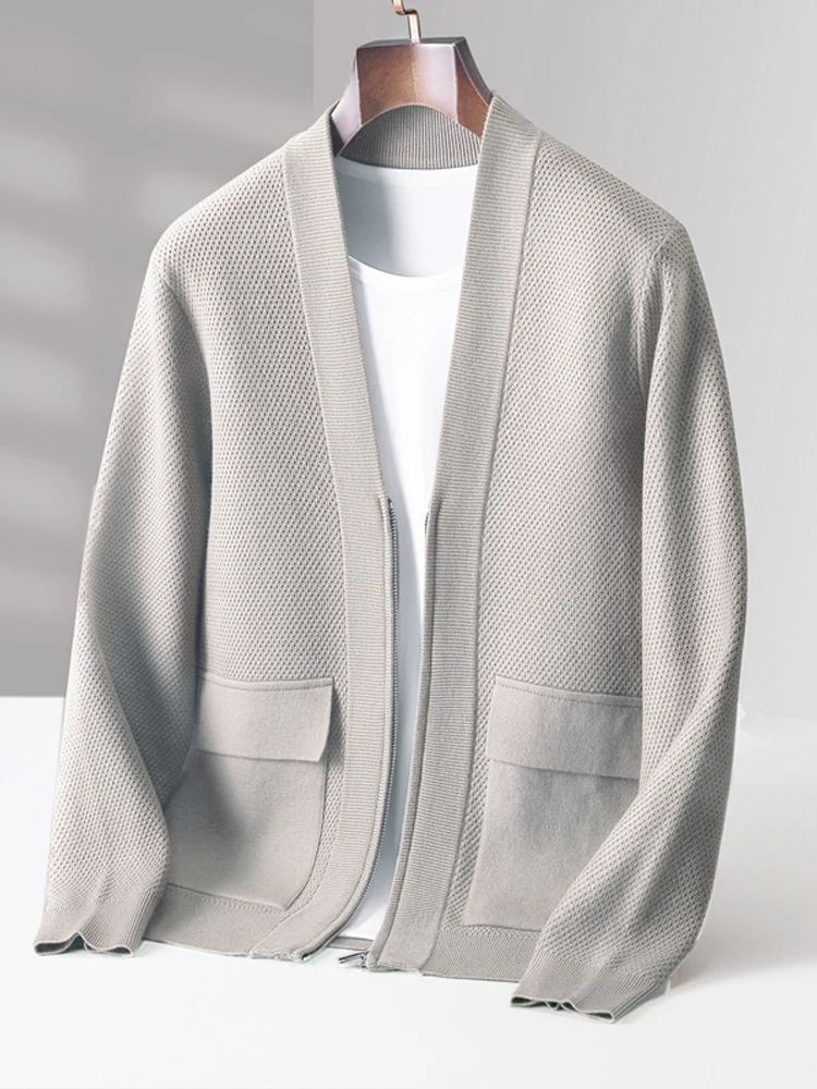 Autumn Winter Men Cashmere Sweater Button Cardigan Turn-Down Collar 100% Merino Wool Pocket Knitwear Soft Casual Fashion Coat
