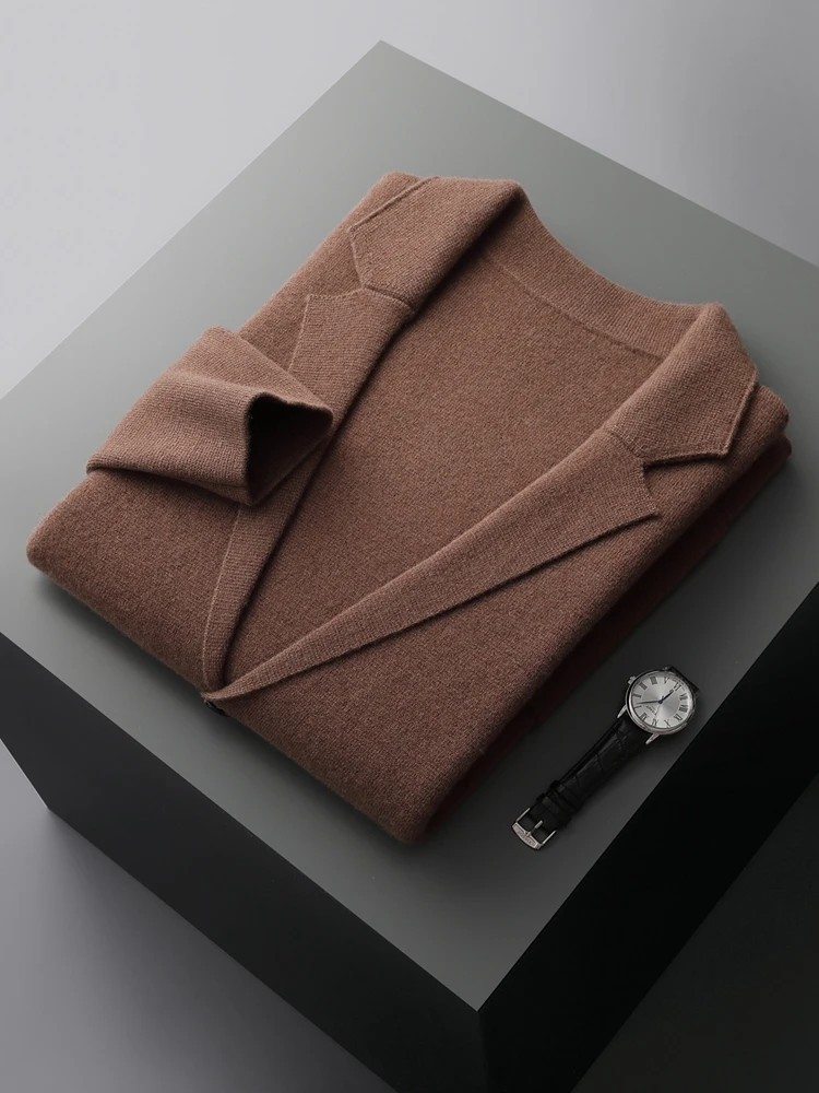 Autumn Winter Men Cashmere Sweater Button Cardigan Turn-Down Collar 100% Merino Wool Pocket Knitwear Soft Casual Fashion Coat