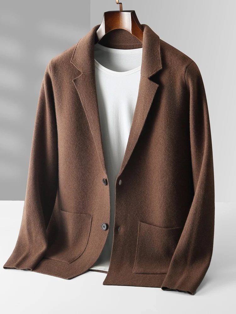 Autumn Winter Men Cashmere Sweater Button Cardigan Turn-Down Collar 100% Merino Wool Pocket Knitwear Soft Casual Fashion Coat