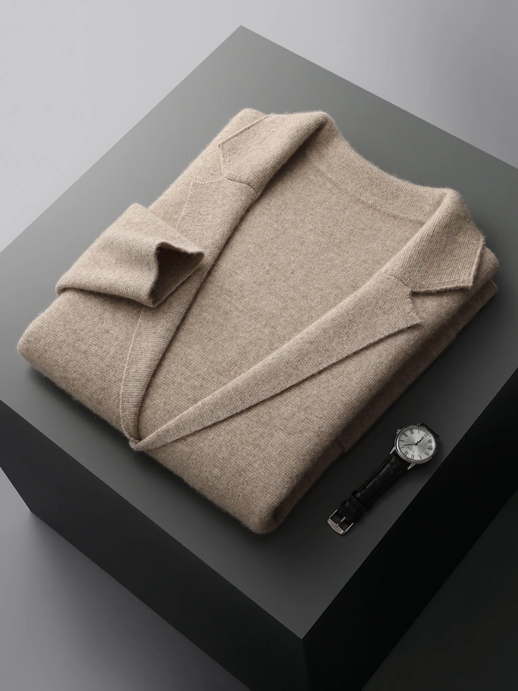 Autumn Winter Men Cashmere Sweater Button Cardigan Turn-Down Collar 100% Merino Wool Pocket Knitwear Soft Casual Fashion Coat