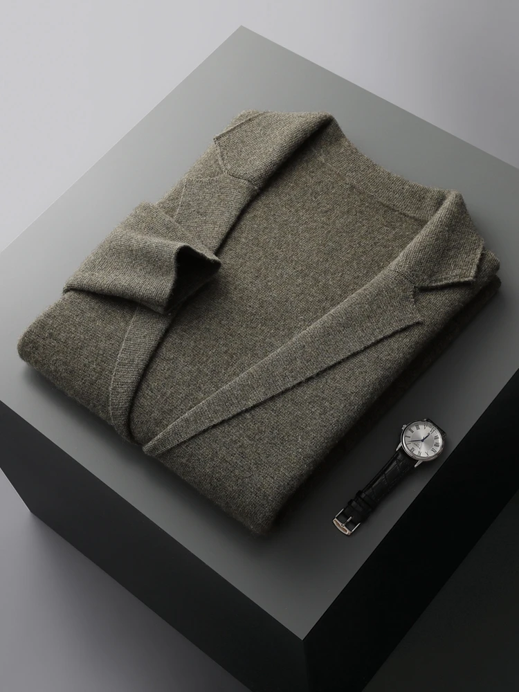 Autumn Winter Men Cashmere Sweater Button Cardigan Turn-Down Collar 100% Merino Wool Pocket Knitwear Soft Casual Fashion Coat