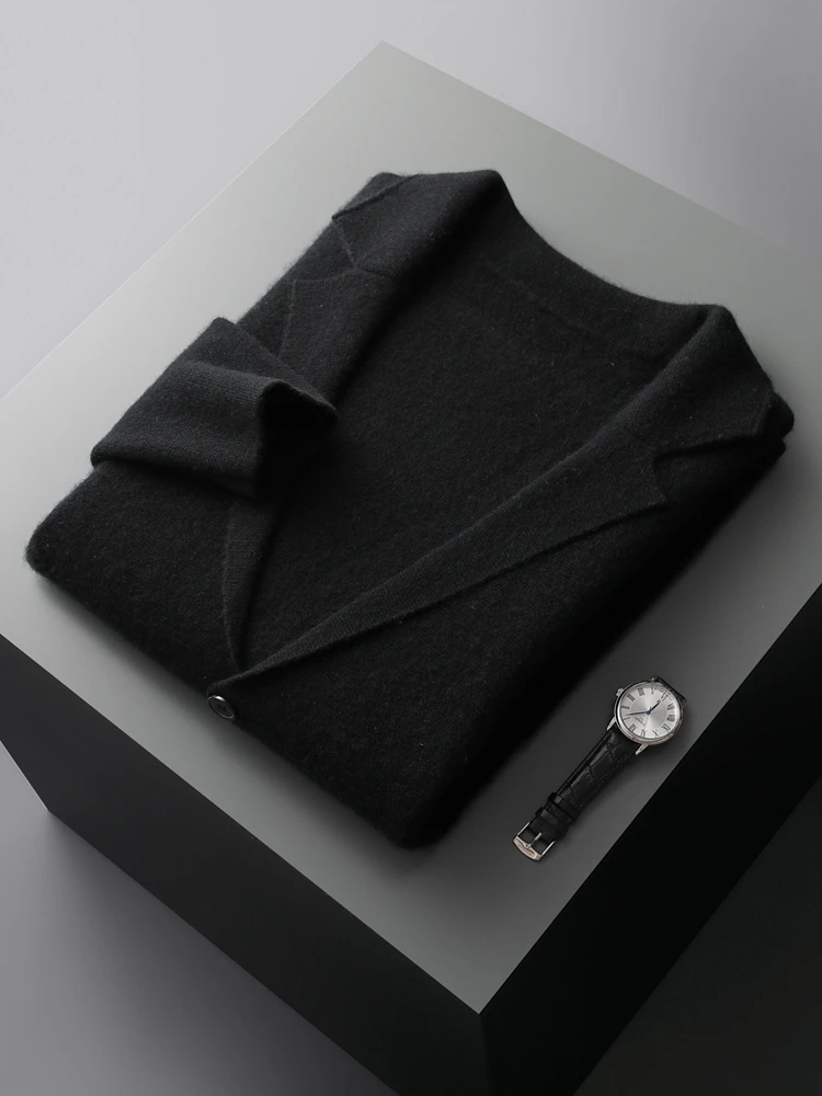 Autumn Winter Men Cashmere Sweater Button Cardigan Turn-Down Collar 100% Merino Wool Pocket Knitwear Soft Casual Fashion Coat