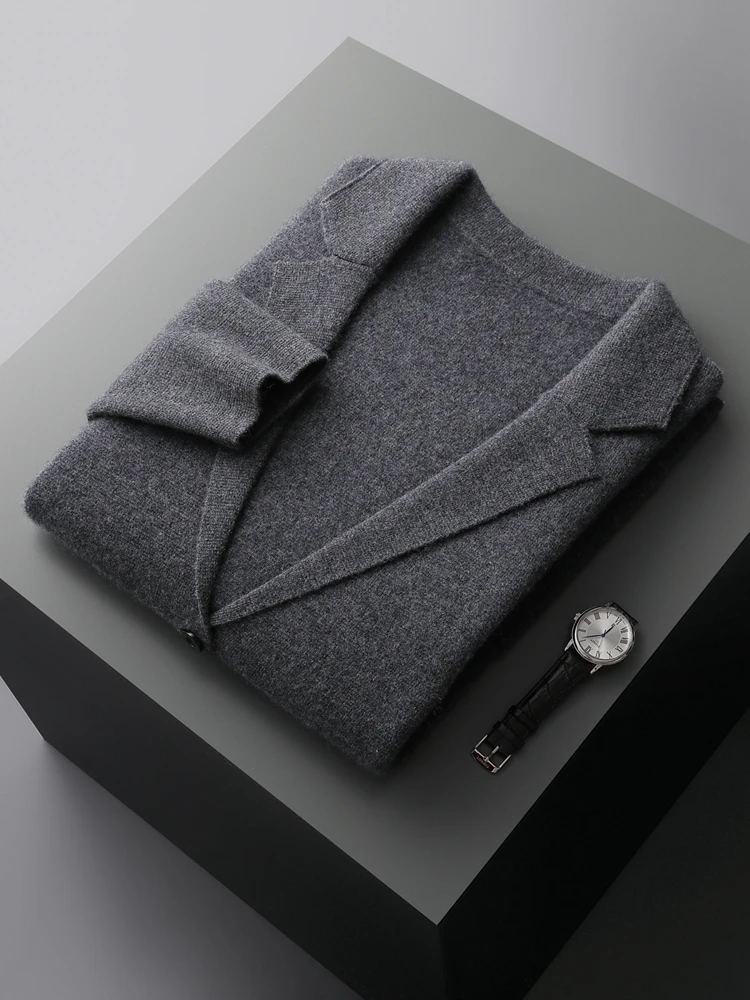 Autumn Winter Men Cashmere Sweater Button Cardigan Turn-Down Collar 100% Merino Wool Pocket Knitwear Soft Casual Fashion Coat