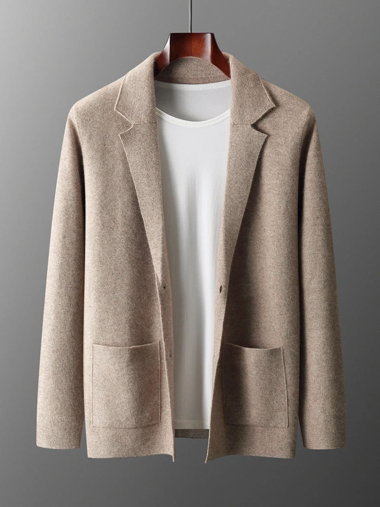 Autumn Winter Men Cashmere Sweater Button Cardigan Turn-Down Collar 100% Merino Wool Pocket Knitwear Soft Casual Fashion Coat
