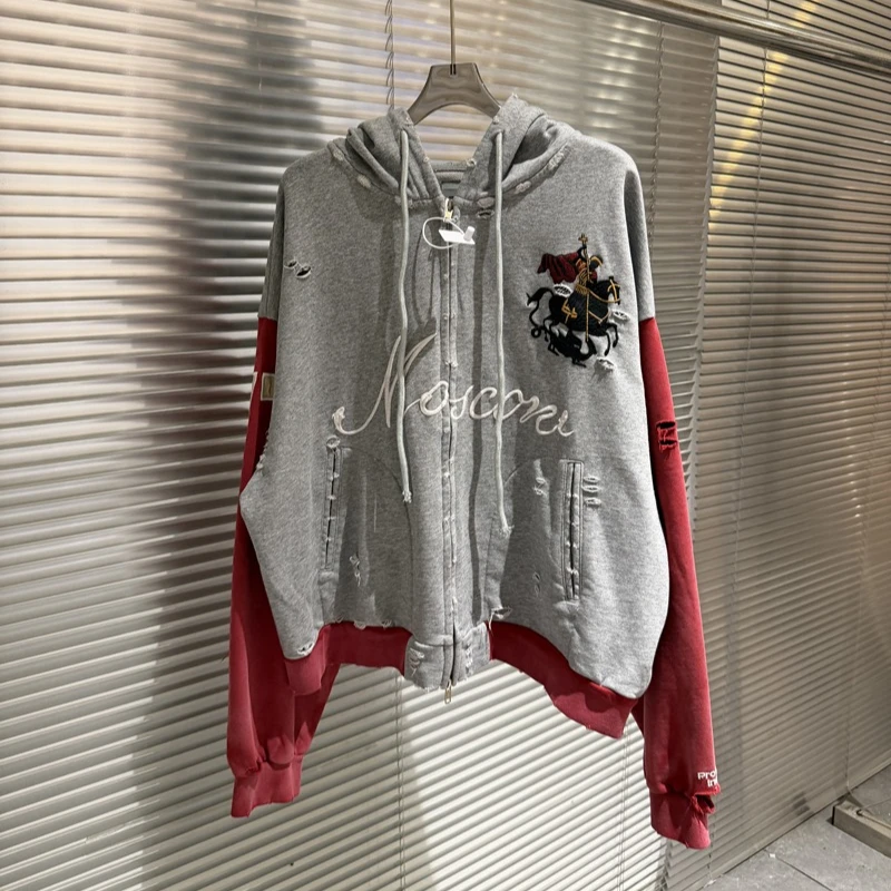 Protocol Color-blocked Zipper Hoodies Aged Washed Destroy Warhorse Pattern Hoodie Jacket for Men Women