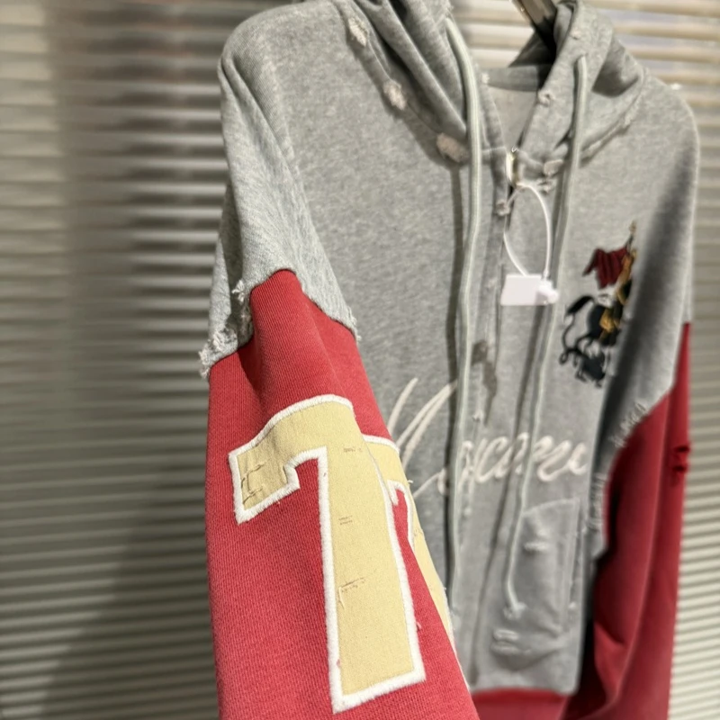 Protocol Color-blocked Zipper Hoodies Aged Washed Destroy Warhorse Pattern Hoodie Jacket for Men Women