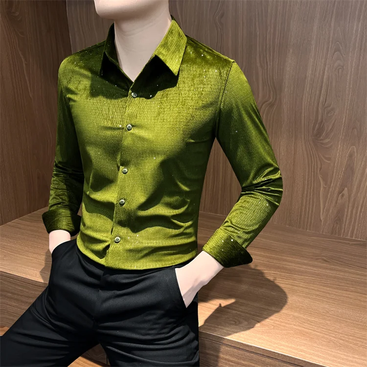 Autumn Rhinestone Shirts Men's Long-sleeved 2025 High-quality Hairstylist Casual Business Shirt Slim Social Party Tuxedo Blouse
