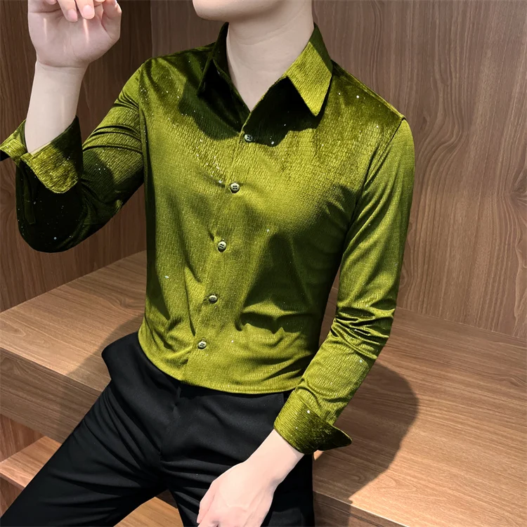 Autumn Rhinestone Shirts Men's Long-sleeved 2025 High-quality Hairstylist Casual Business Shirt Slim Social Party Tuxedo Blouse