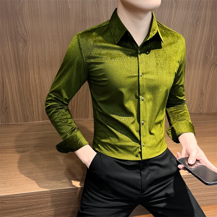 Autumn Rhinestone Shirts Men's Long-sleeved 2025 High-quality Hairstylist Casual Business Shirt Slim Social Party Tuxedo Blouse