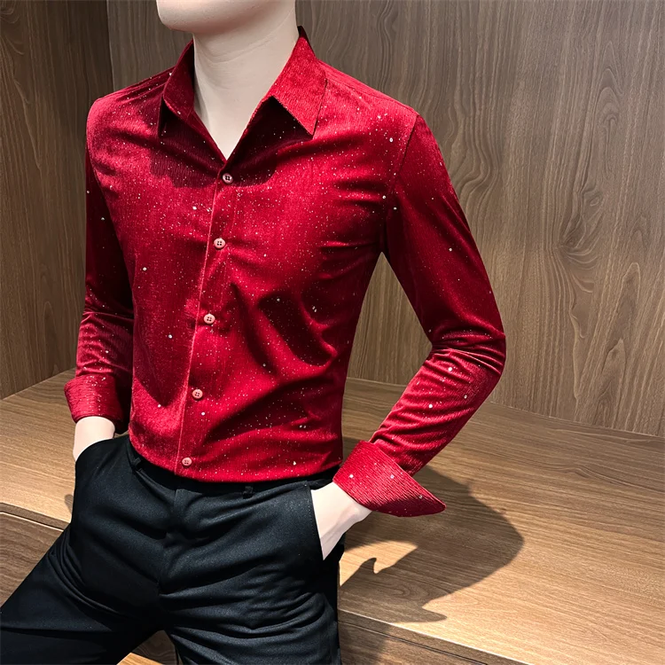 Autumn Rhinestone Shirts Men's Long-sleeved 2025 High-quality Hairstylist Casual Business Shirt Slim Social Party Tuxedo Blouse