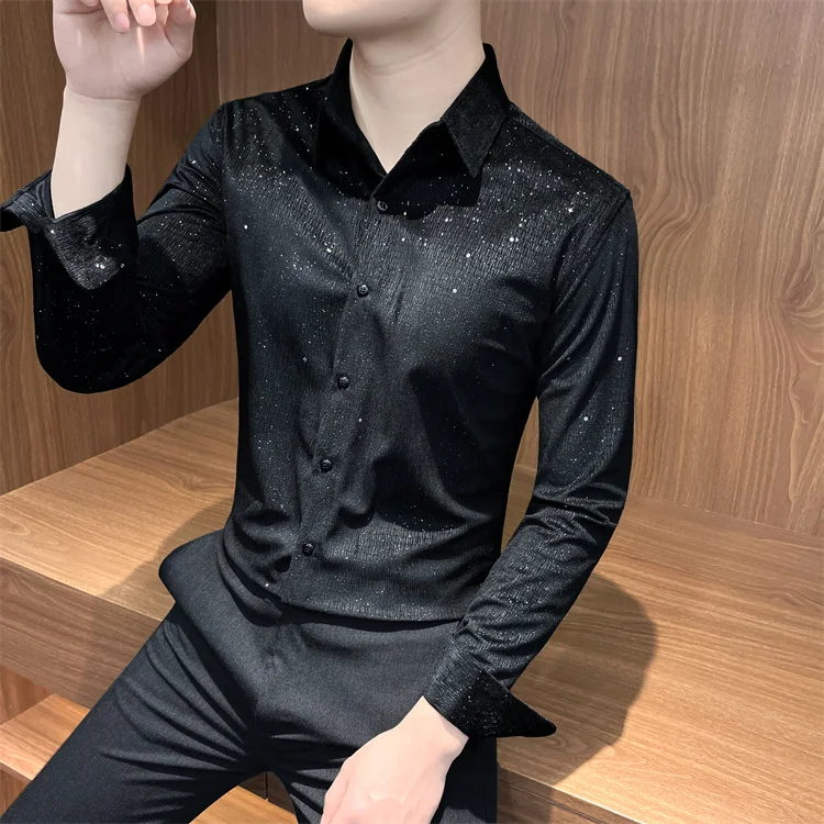 Autumn Rhinestone Shirts Men's Long-sleeved 2025 High-quality Hairstylist Casual Business Shirt Slim Social Party Tuxedo Blouse